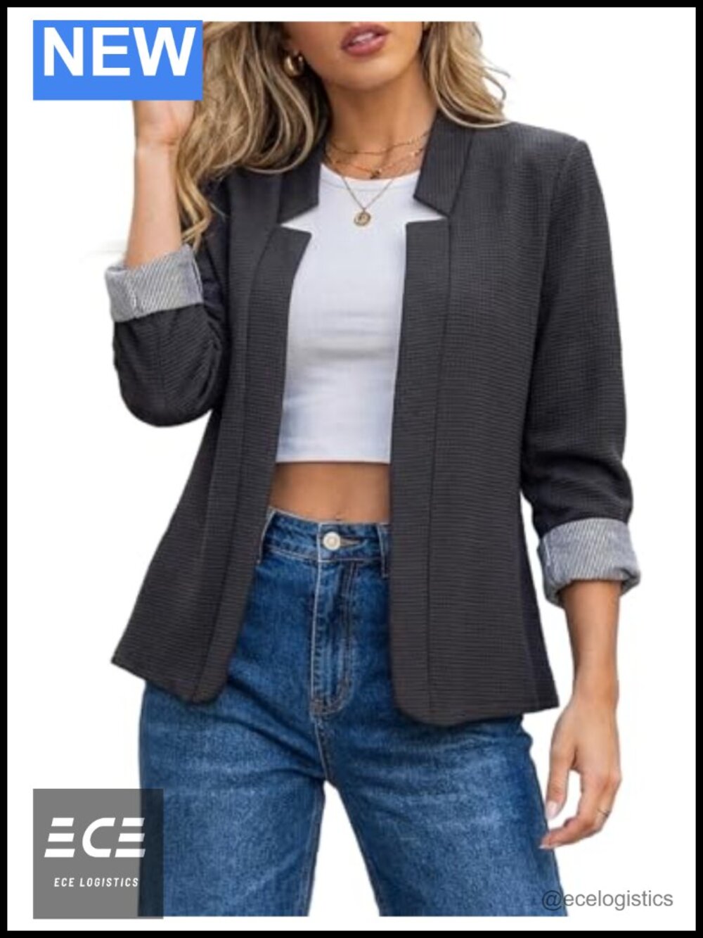 Women's Lightweight Blazer 3/4 Sleeve Open Front Work Office Jacket
